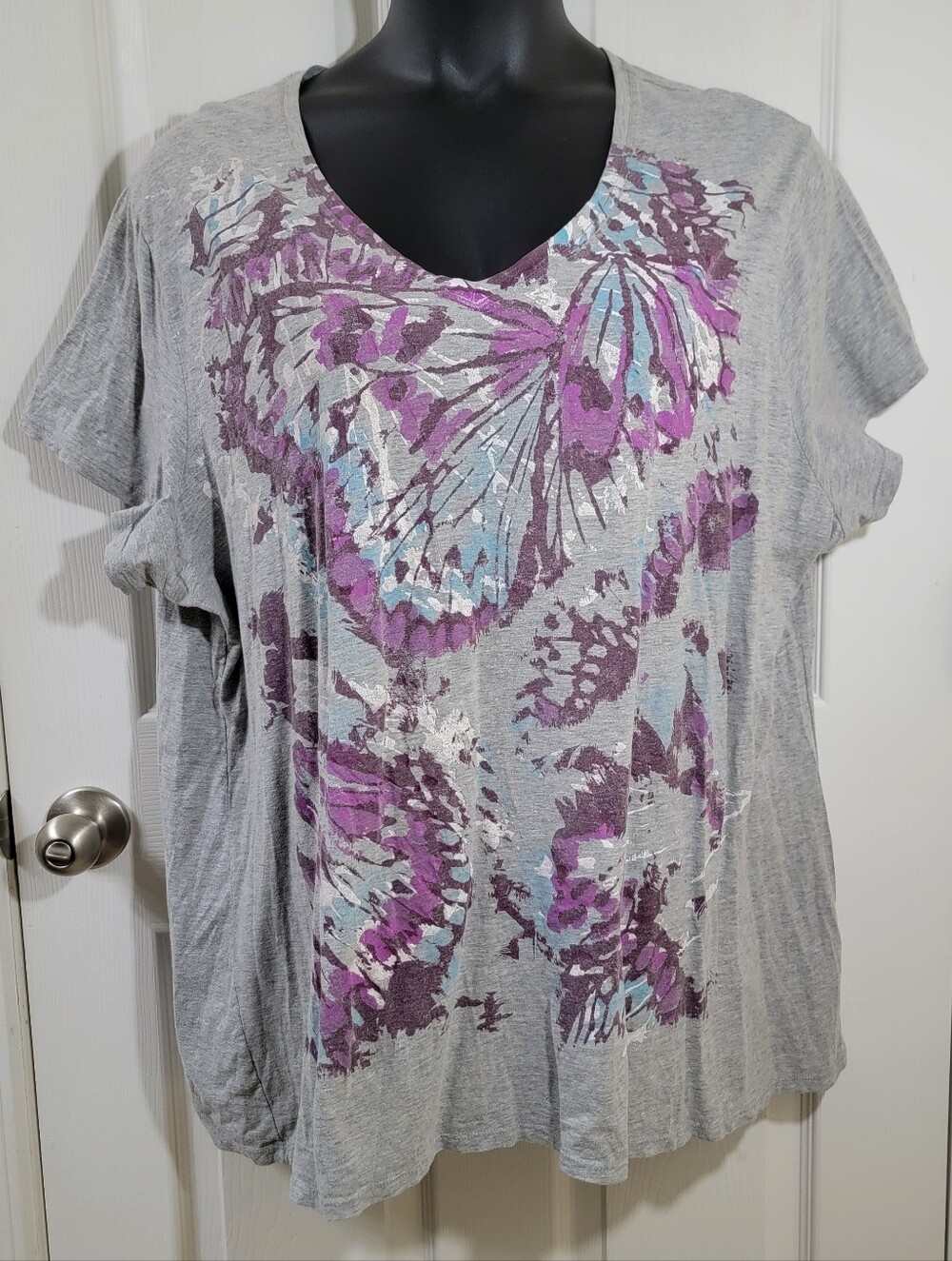 Just My Size 4X 4XG Purple Butterfly Print Gray Top Scoop Neck V-Notch Plus Size